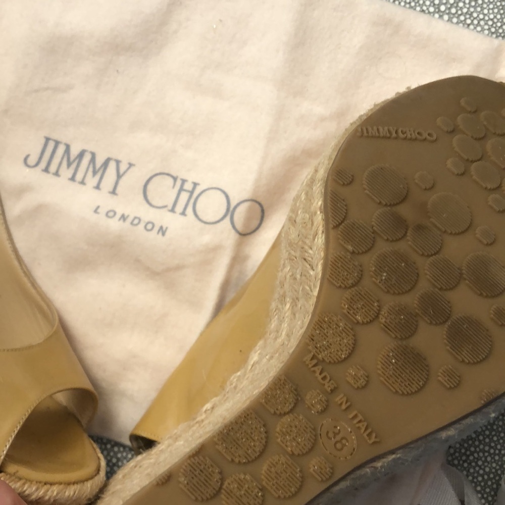 JIMMY CHOO Espadrilles Wedge Straw Nude Patent Leather Size 38, 1-4.5” Sm stain - Picture 6 of 10
